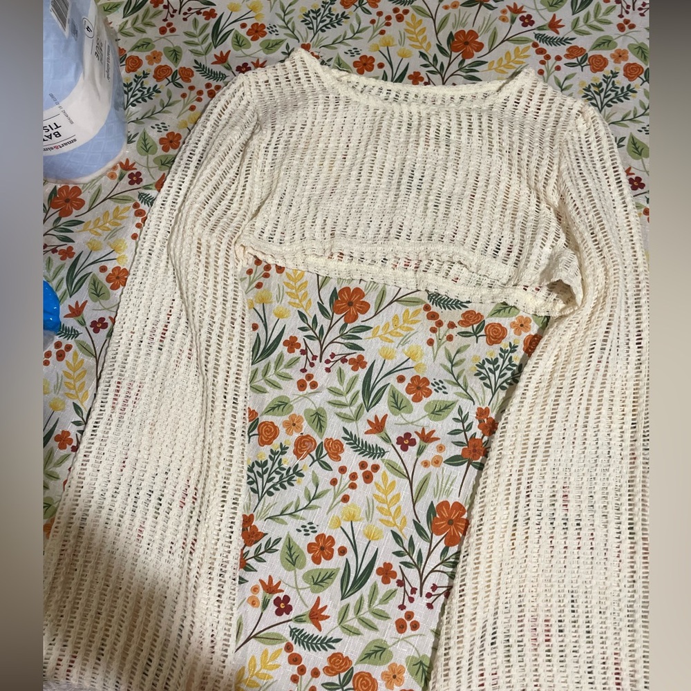 Cream Crochet Knit Long Sleeve Crop Sweater